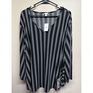 Cato Striped V Neck Tunic Top Black White Plus Size 22W 24W‎ Long Sleeve